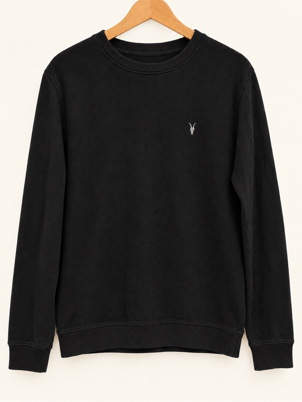 AllSaints Black Crewneck with Small Embroidered Ramskull